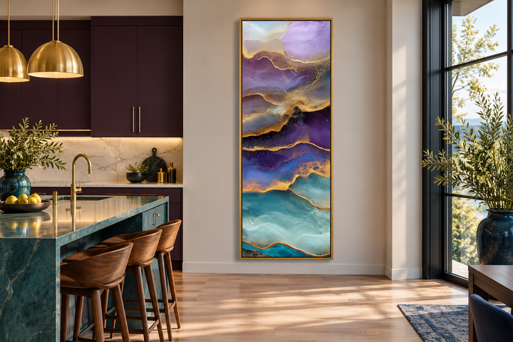 Tall narrow vertical abstract canvas art with teal, purple, and gold marble-inspired swirls.