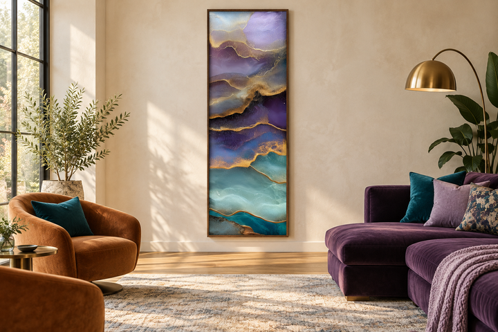 Tall narrow vertical abstract canvas art with teal, purple, and gold marble-inspired swirls.
