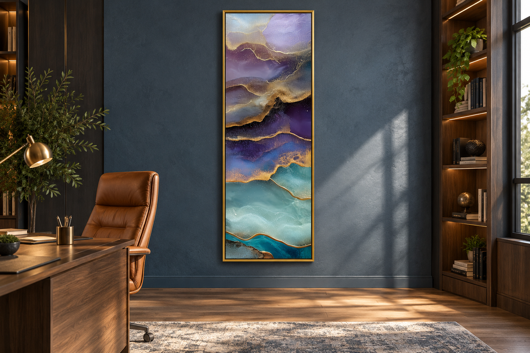 Tall narrow vertical abstract canvas art with teal, purple, and gold marble patterns in a gold frame