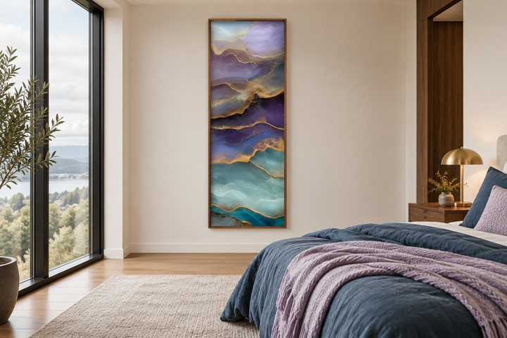 Tall narrow vertical abstract canvas art with teal, purple, and green marble-like swirls and gold.