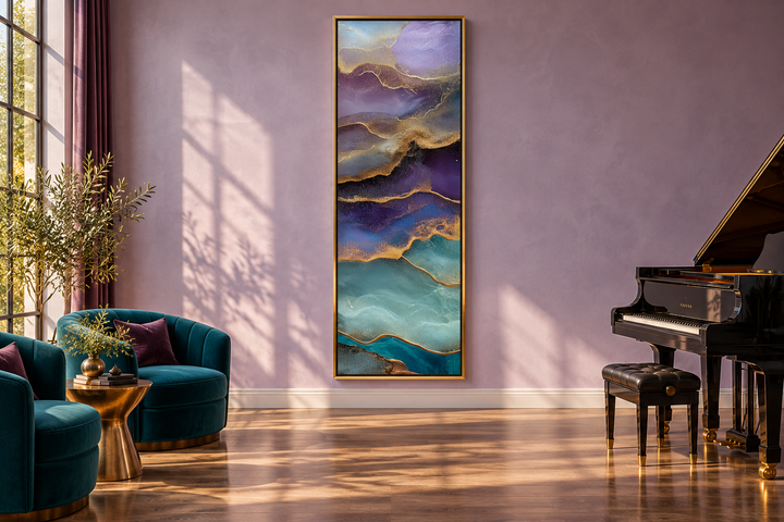 Tall narrow vertical abstract canvas art with teal, purple, and green marble swirls in a gold frame.