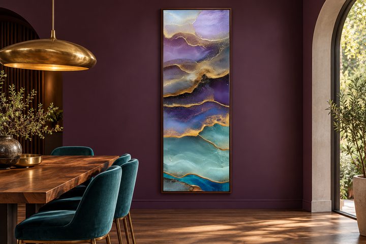 Tall narrow vertical abstract canvas art with teal, purple, and green marble swirls and gold veins.