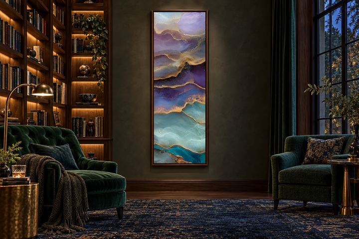 Tall narrow vertical abstract canvas art with teal, purple, and gold marble-like flowing patterns.