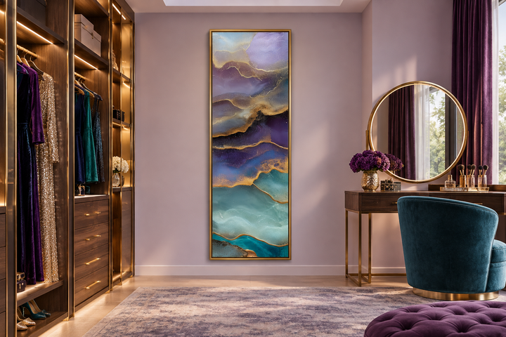 Tall narrow vertical abstract canvas wall art with teal, purple, and green marble-inspired swirls.