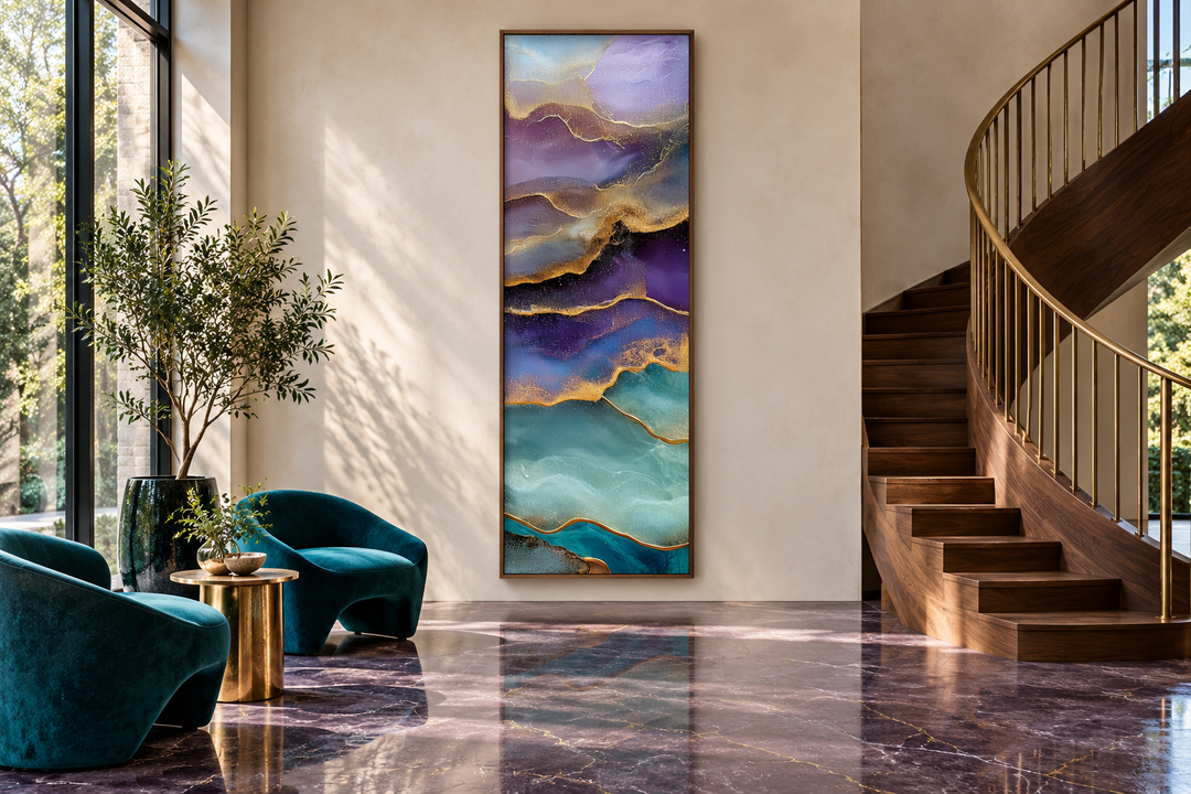 Tall narrow vertical abstract canvas art with teal, purple, and gold marble-inspired swirls.