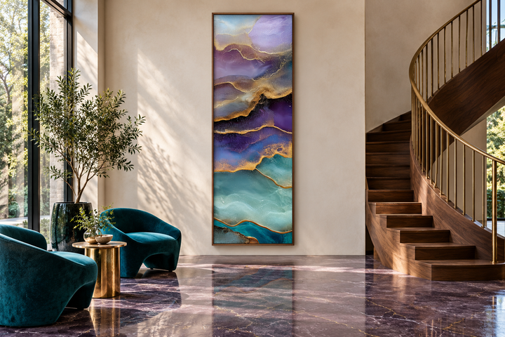 Tall narrow vertical abstract canvas art with teal, purple, and gold marble-inspired swirls.