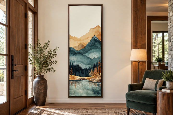 Tall narrow vertical canvas wall art featuring a watercolor mountain landscape with lake and forest.