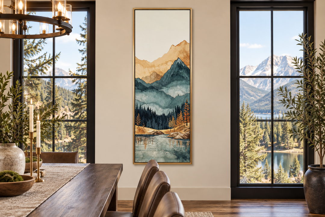 Tall narrow vertical mountain landscape canvas wall art in a rustic dining room setting.