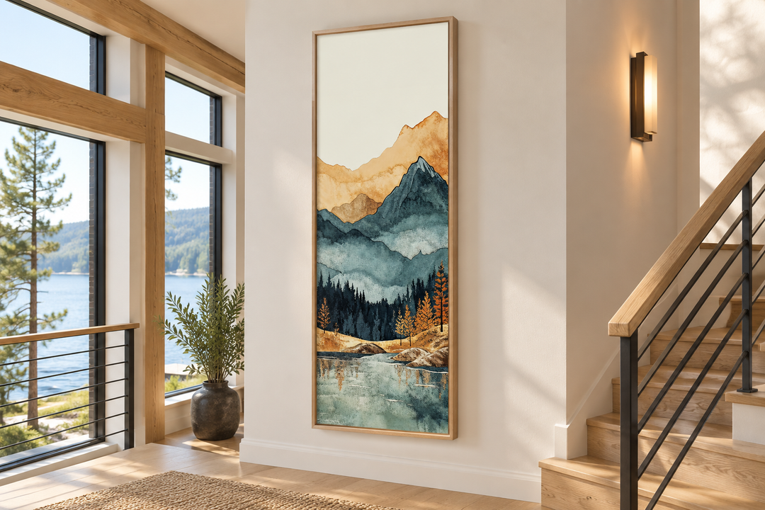 Tall narrow vertical canvas wall art featuring a mountain landscape with a lake and forest.