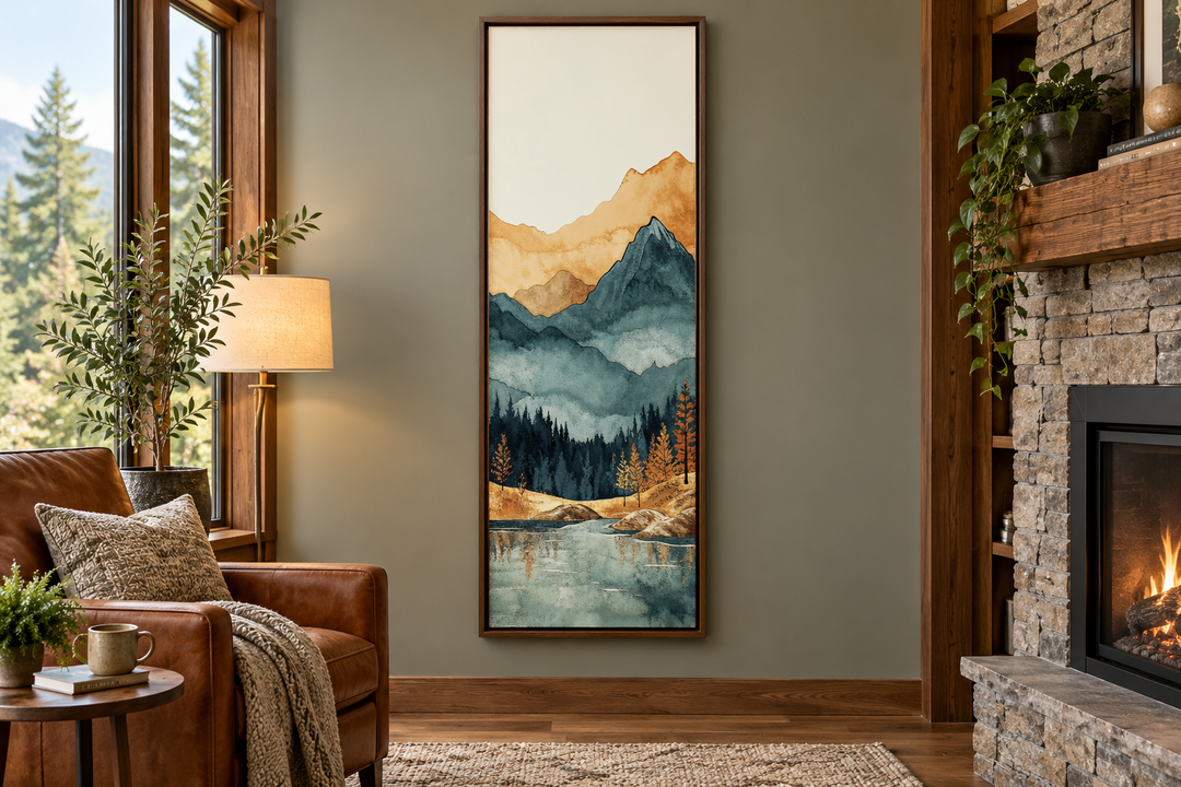 Tall narrow vertical canvas wall art featuring a watercolor mountain landscape with lake and forest.