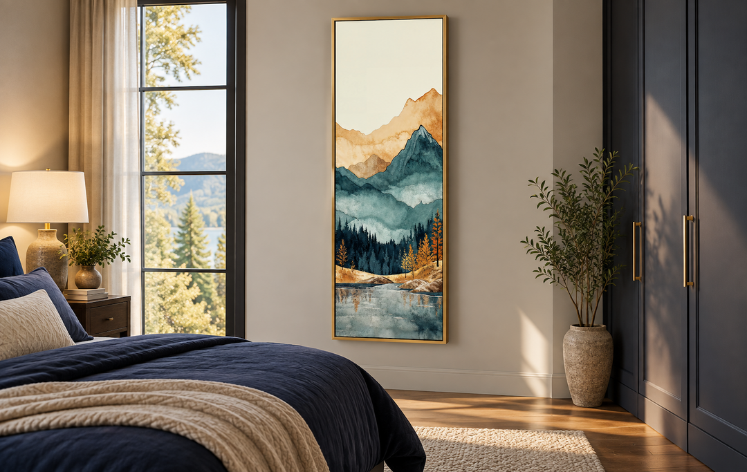 Tall narrow vertical canvas wall art featuring a watercolor mountain landscape above a bed.