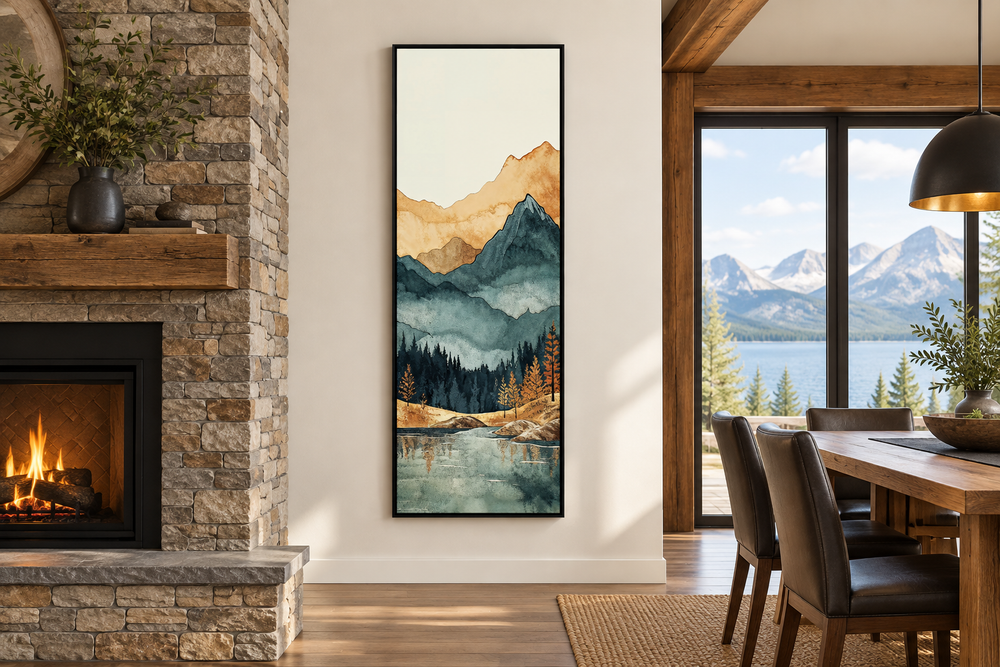 Tall narrow vertical canvas wall art featuring a mountain landscape with a lake and forest.