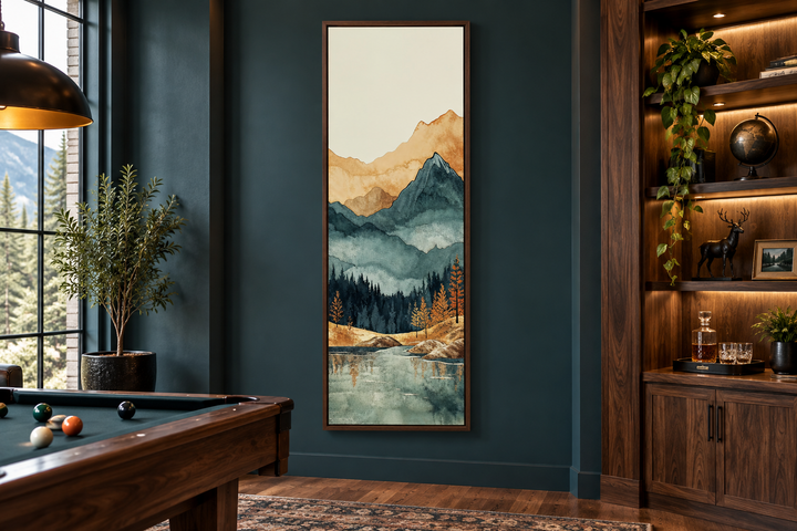 Tall narrow vertical mountain landscape canvas wall art in a dark green room with a pool table.