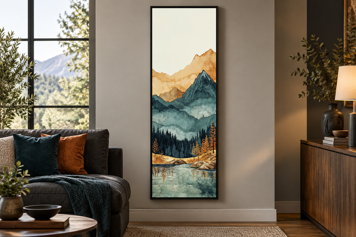 Tall narrow vertical mountain landscape canvas wall art with lake and forest in a modern living room