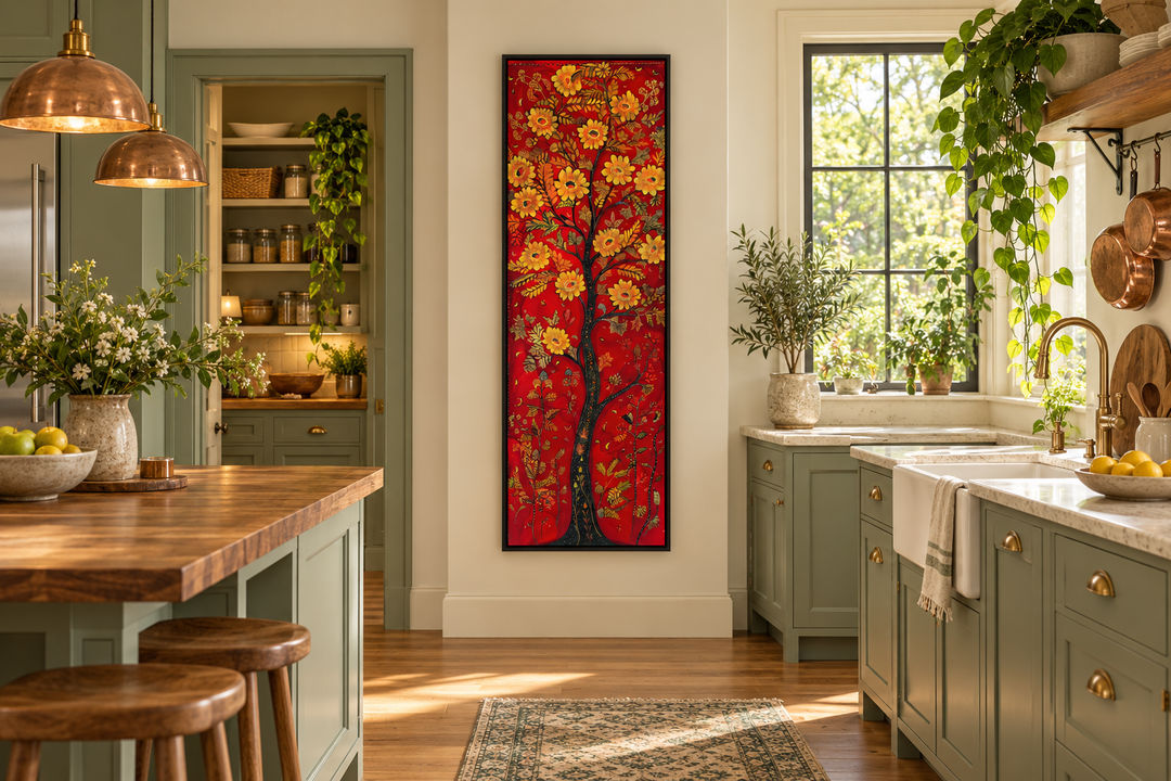 Vertical narrow framed canvas wall art featuring a vibrant orange tree on a red background.
