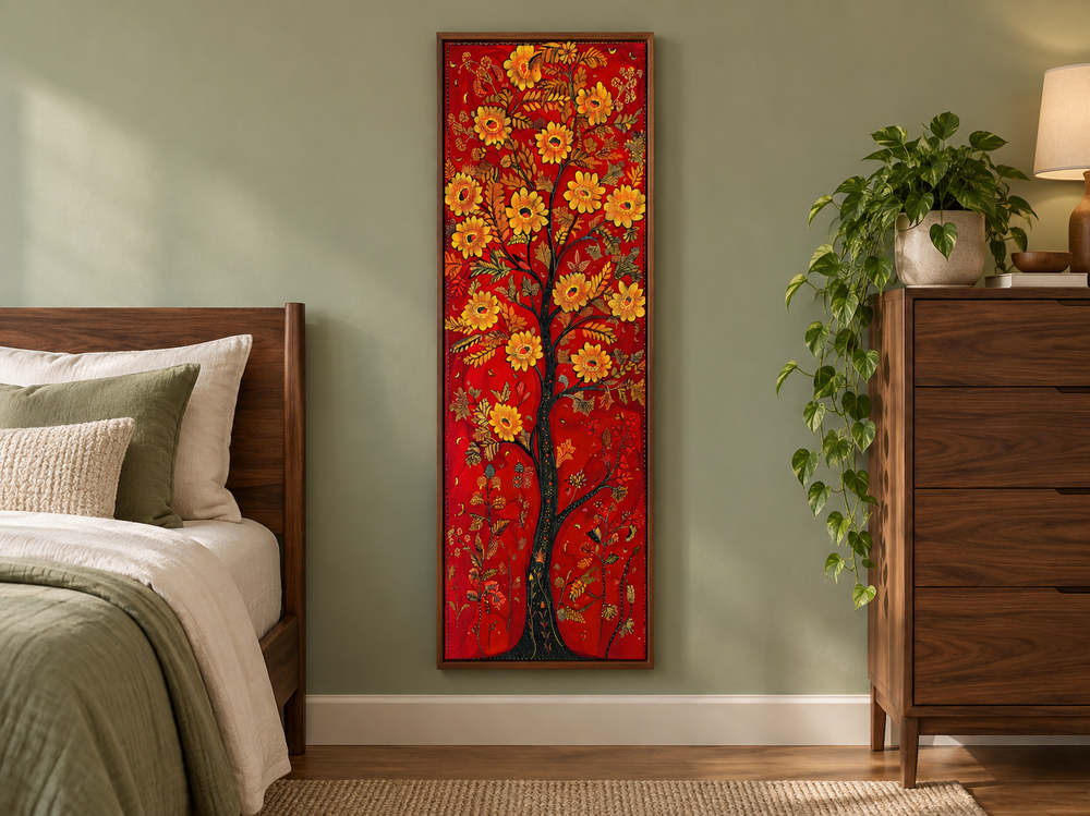 Vertical narrow framed canvas wall art featuring a yellow flowered tree on a vibrant red background.