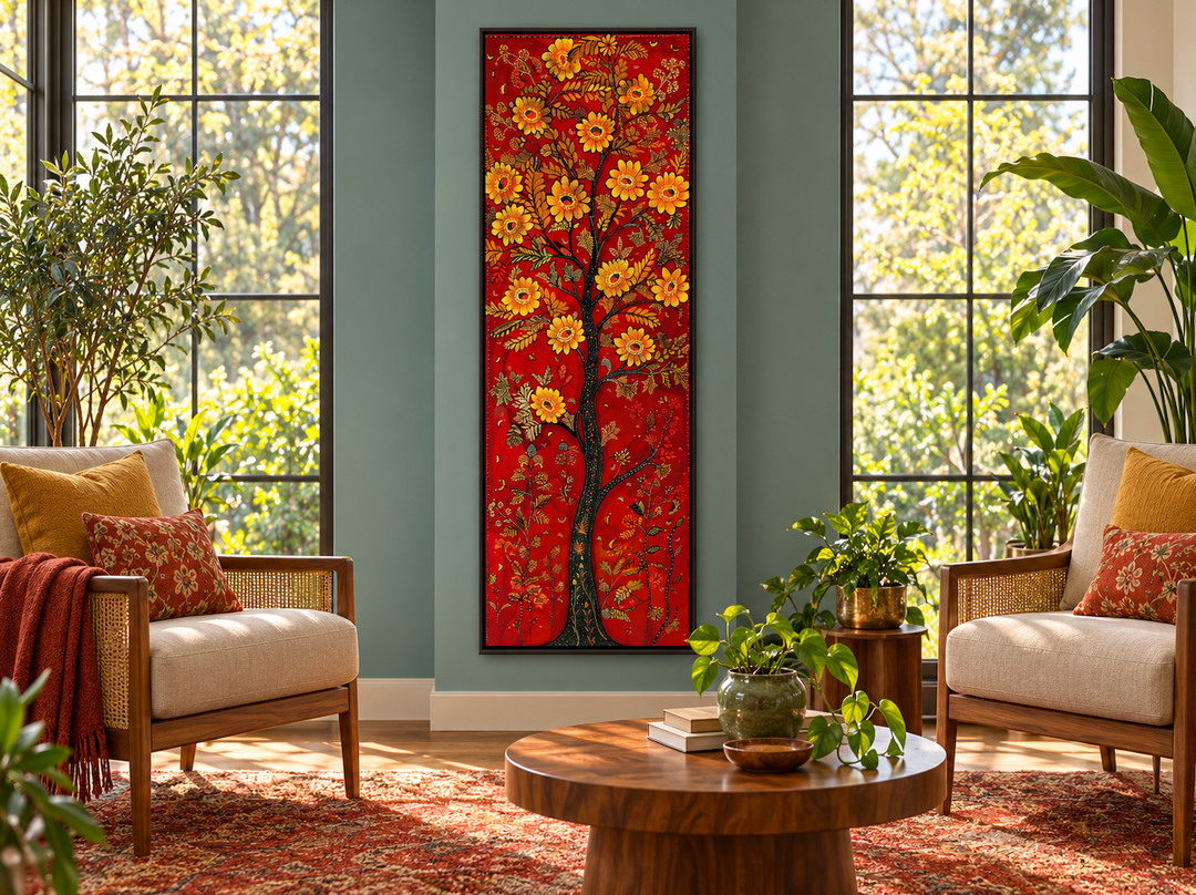 Vertical narrow framed canvas wall art featuring a stylized orange tree on a vibrant red background.