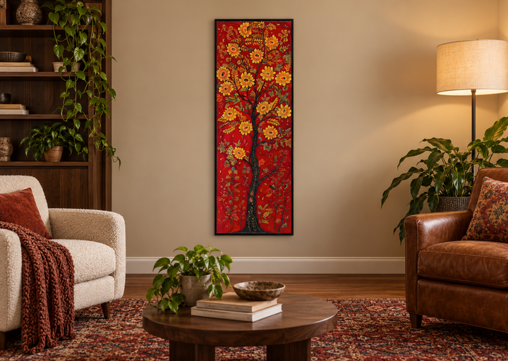 Vertical narrow framed canvas wall art featuring a stylized orange tree on a vibrant red background.