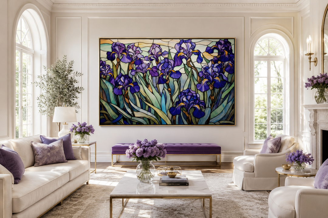 Large stained glass style wall art of purple irises field in a bright, modern living room.