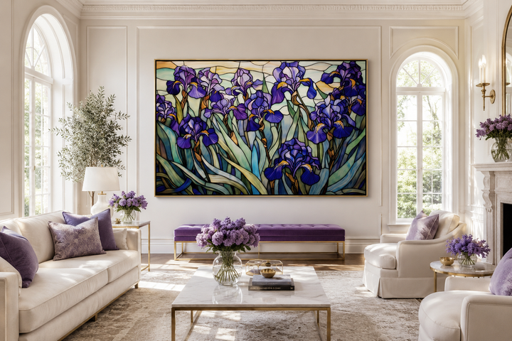 Large stained glass style wall art of purple irises field in a bright, modern living room.