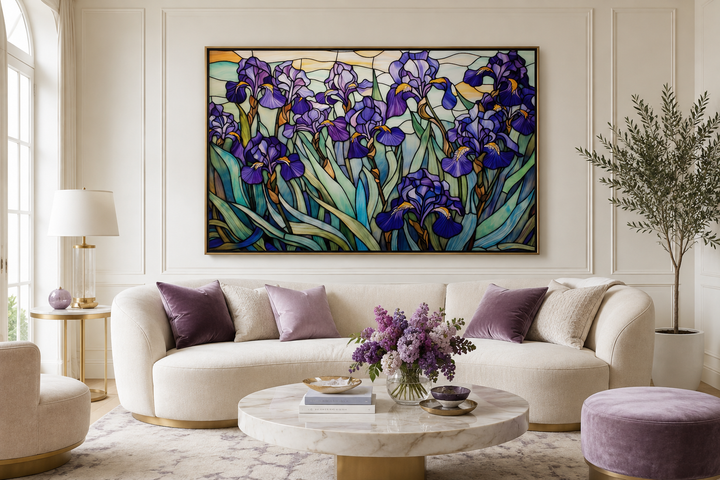 Purple Irises Field stained glass style wall art in a gold frame above a modern white sofa.