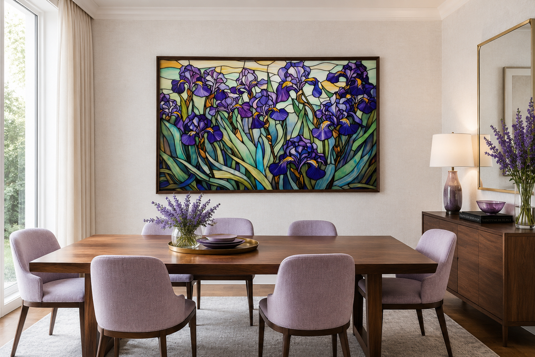 Purple Irises Field stained glass style wall art in a wooden frame above a dining table.