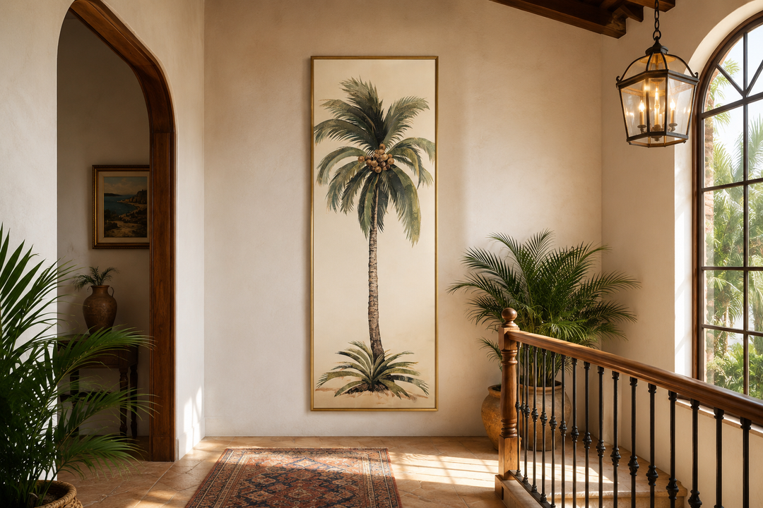 Tall narrow mid-century modern vertical wall art featuring a detailed palm tree on a beige canvas.