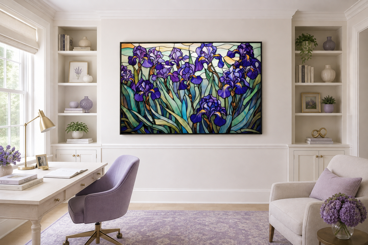 Purple Irises Field stained glass style wall art in a modern home office with purple accents.