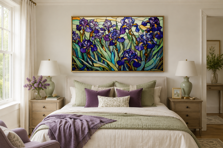 Art Deco wall art of purple irises in a stained glass style hanging above a bed in a bedroom.