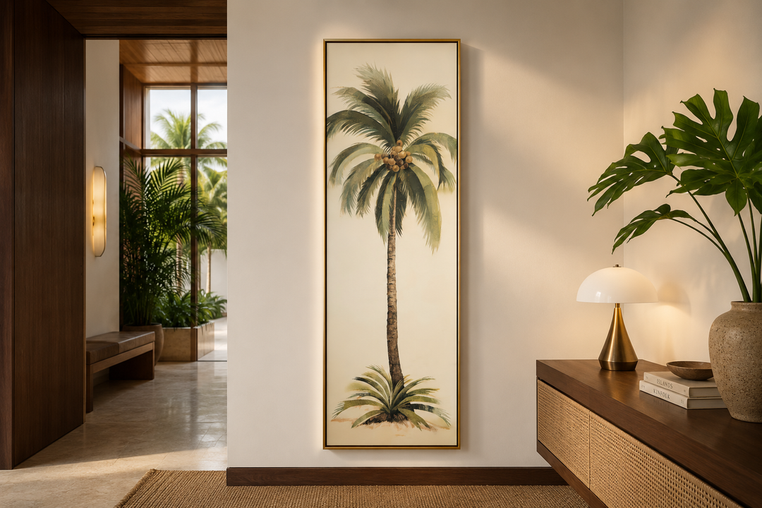 Tall narrow vertical wall art featuring a detailed palm tree painting in a gold frame.