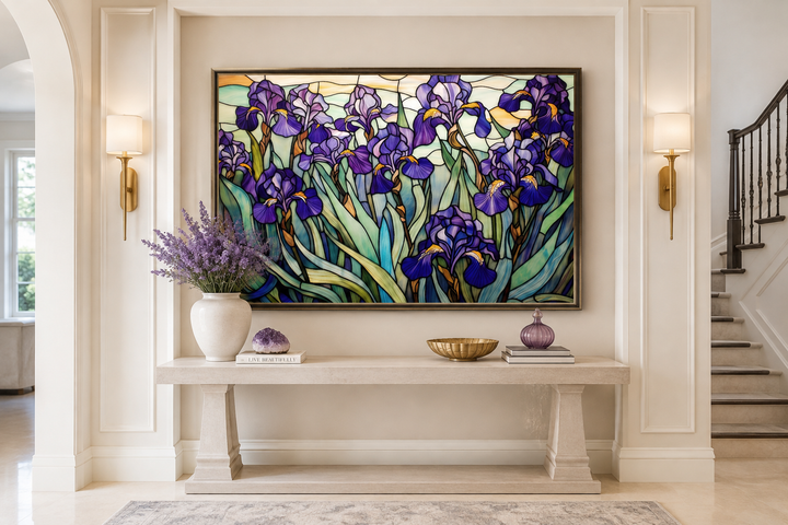 Purple Irises Field stained glass style wall art in a gold frame above a console table.