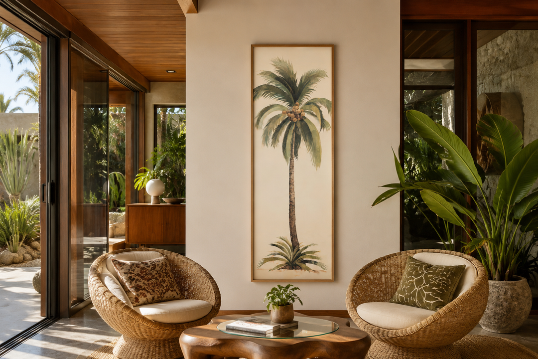 Tall narrow mid-century modern vertical wall art featuring a detailed palm tree on a neutral canvas.