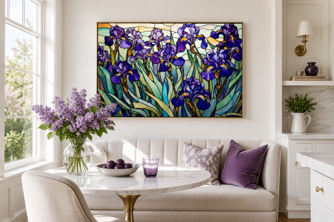 Stained glass style wall art of purple irises field hanging above a white dining nook.