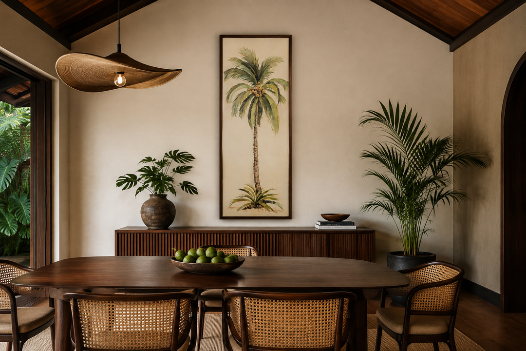 Tall narrow mid-century modern vertical wall art featuring a detailed palm tree in a wooden frame.