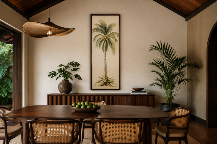 Tall narrow mid-century modern vertical wall art featuring a detailed palm tree in a wooden frame.