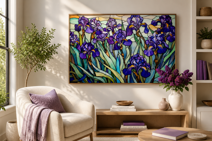 Purple Irises Field stained glass style wall art in a wooden frame above a console table.