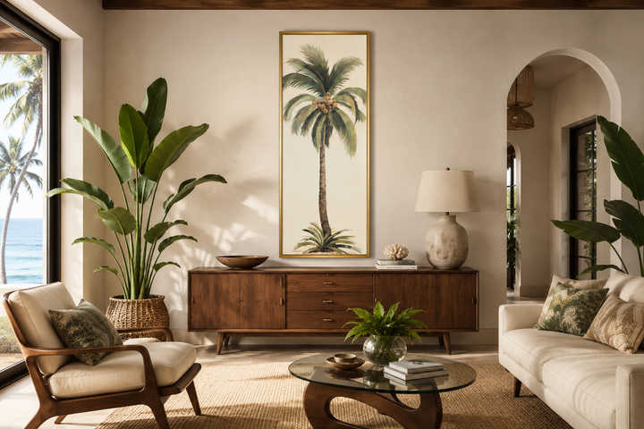Tall narrow mid-century modern vertical wall art featuring a detailed palm tree in a gold frame.