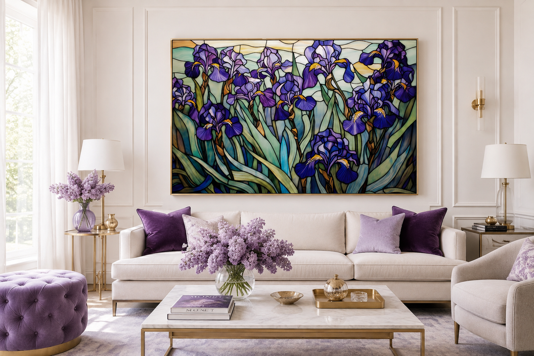 Purple Irises Field Stained Glass Style Art Deco Wall Art in a modern living room setting.