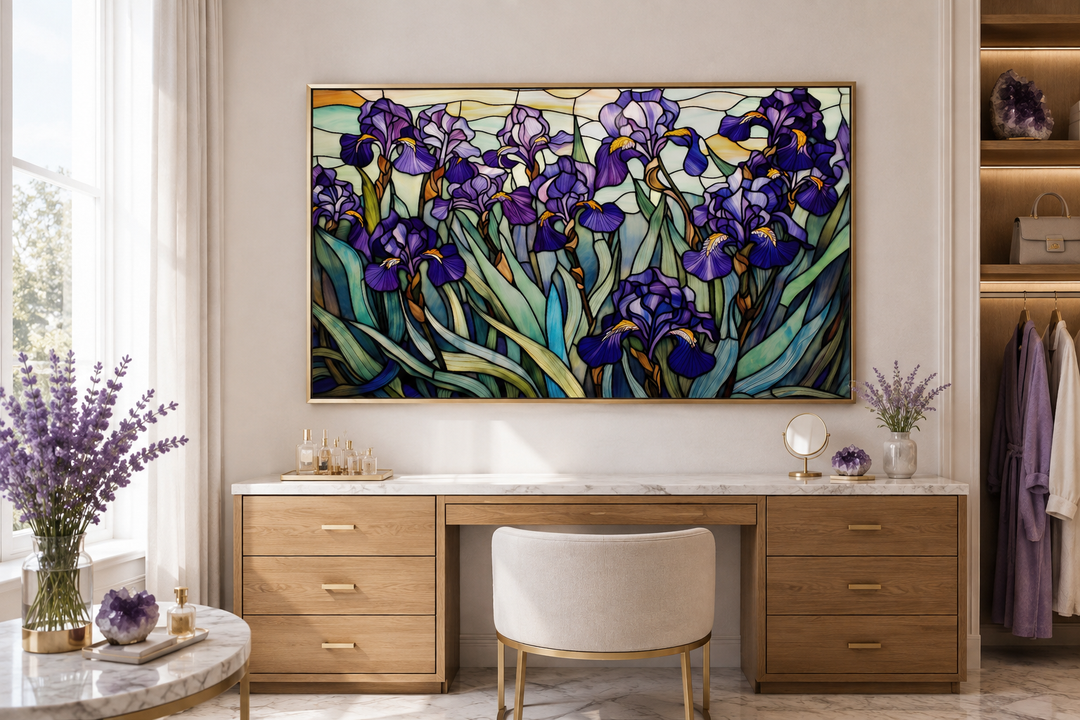 Purple Irises Field Stained Glass Style Art Deco Wall Art above a wooden vanity in a modern room.