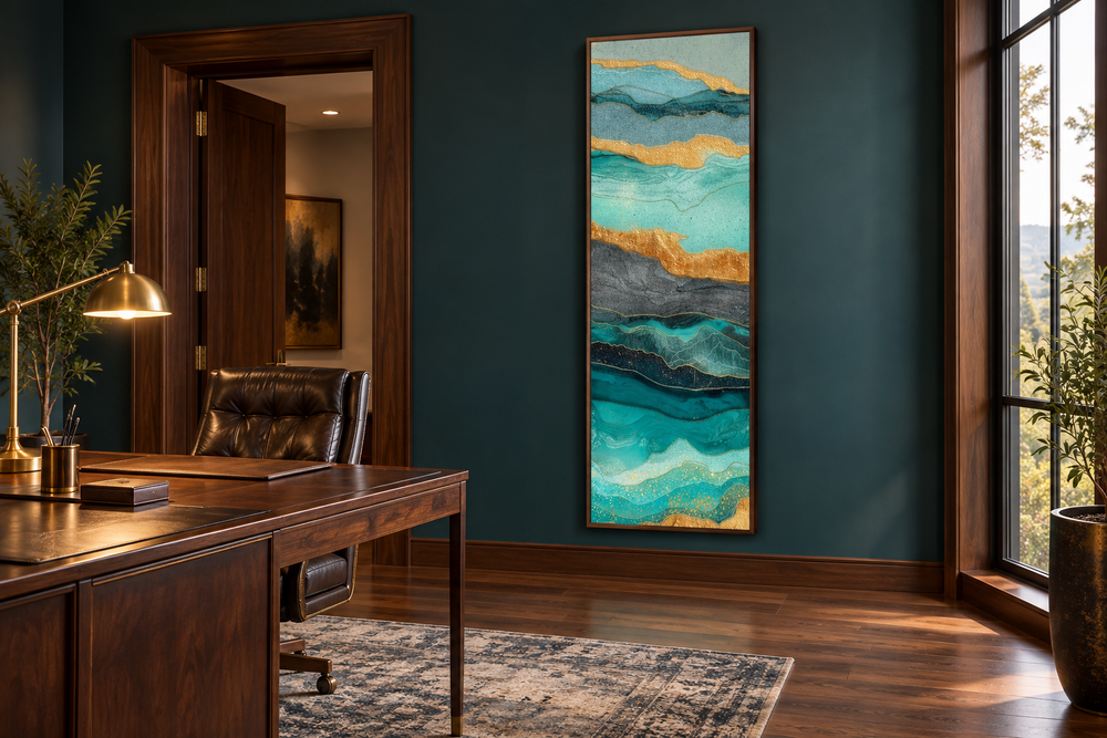 Tall narrow vertical teal and gold abstract ocean canvas wall art in a dark green office setting.