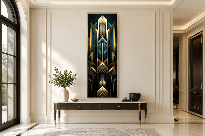 Tall narrow Art Deco vertical framed canvas with geometric gold, black, and blue patterns.