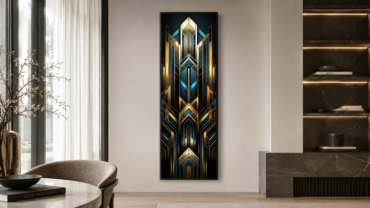 Tall narrow Art Deco vertical framed canvas with gold, black, and blue geometric patterns on a wall.