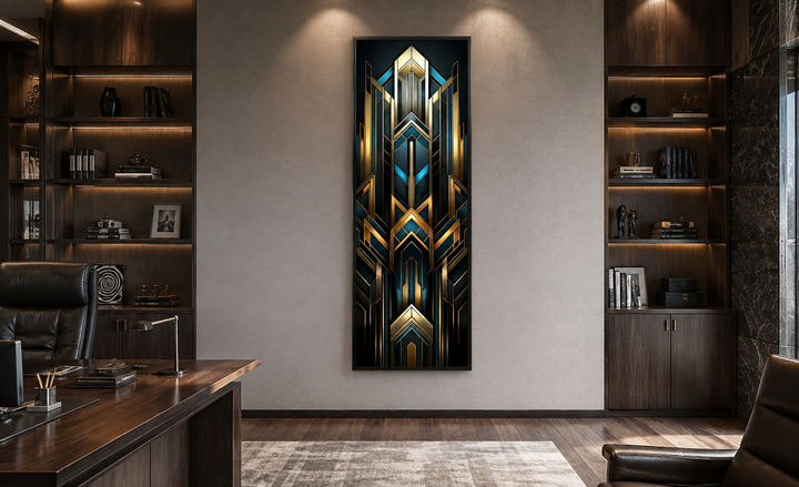 Tall narrow vertical framed canvas with gold, black, and blue geometric art deco design on a wall.