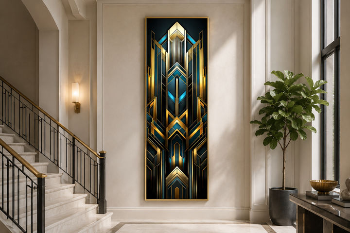 Tall narrow Art Deco vertical framed canvas with gold, black, and blue geometric patterns.