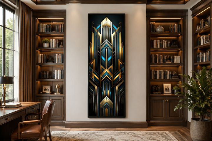 Tall narrow art deco vertical framed canvas with gold, black, and blue geometric patterns.