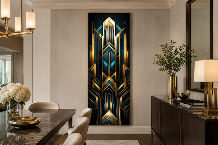 Tall narrow Art Deco vertical framed canvas wall art in gold, black, and blue in a dining room.