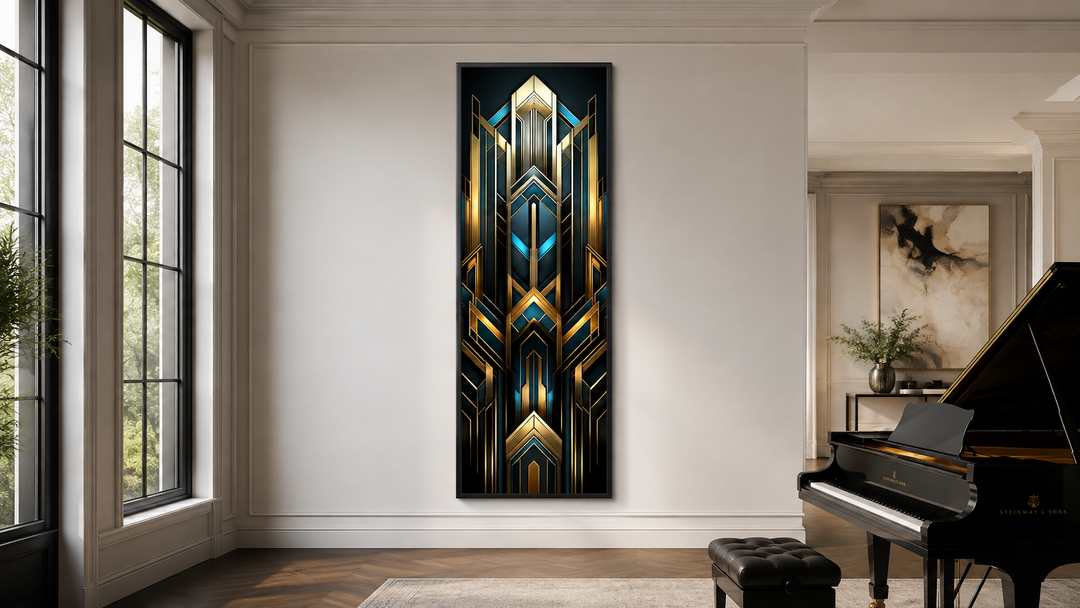 Tall narrow vertical canvas with gold, black, and blue geometric art deco patterns in a white room.