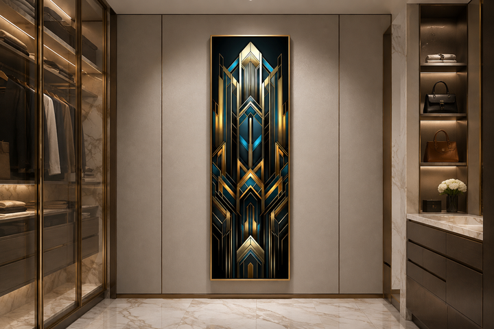 Tall narrow Art Deco vertical framed canvas wall art in gold, black, and blue geometric patterns.