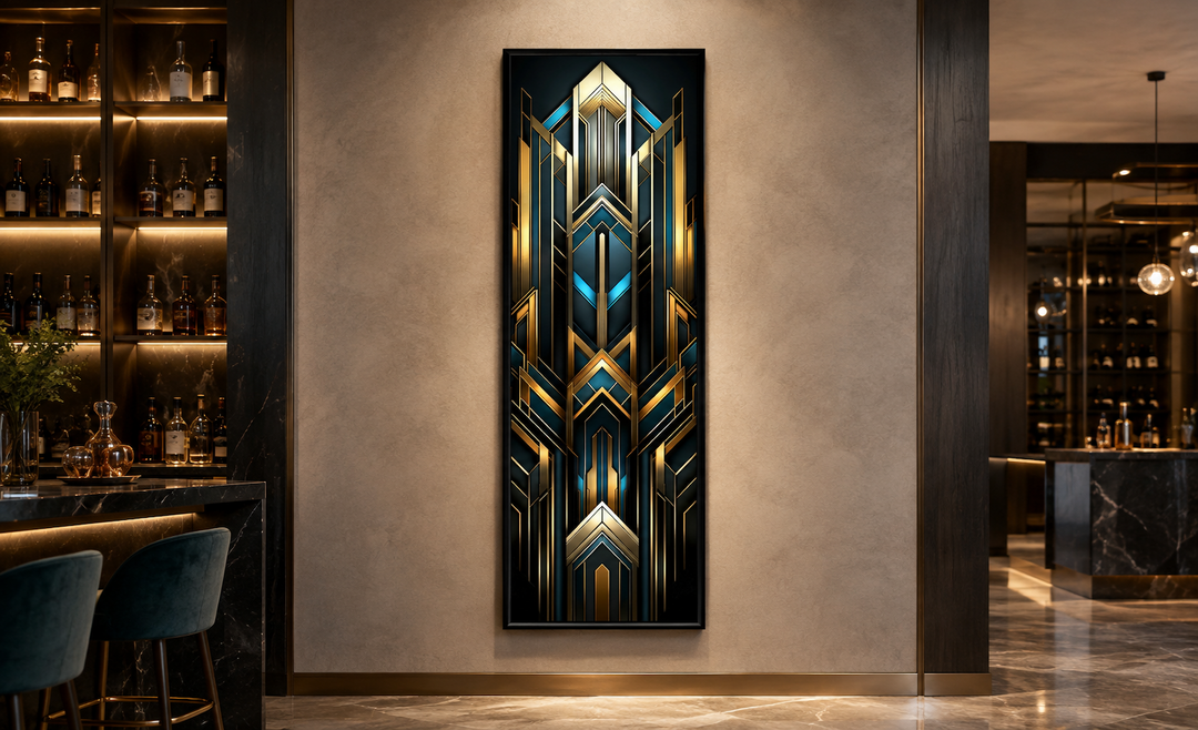 Tall narrow Art Deco vertical framed canvas with geometric gold, black, and blue patterns on a wall.