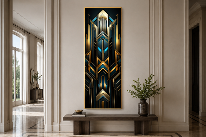 Tall narrow Art Deco vertical framed canvas wall art with gold, black, and blue geometric patterns.